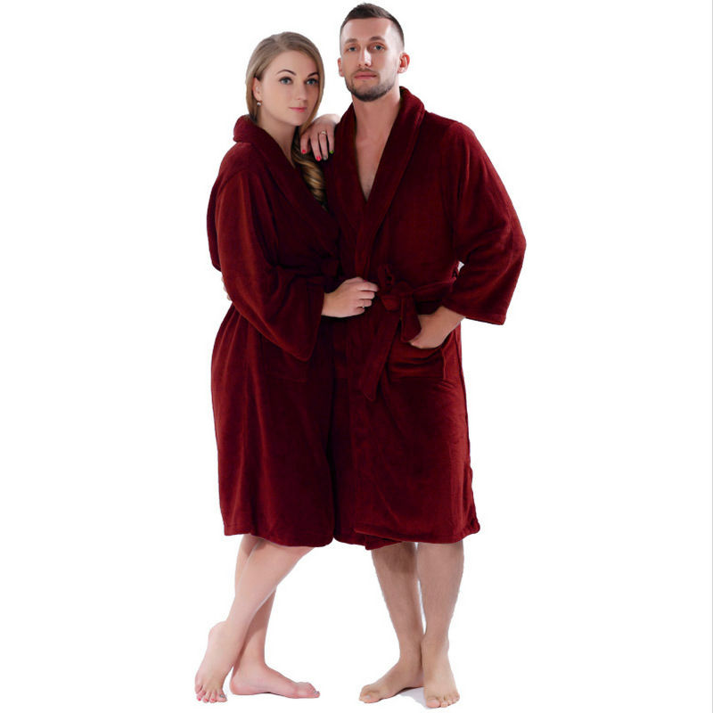 Lovers Winter Thickening Warm Bathrobe Plus Size Coral Fleece Solid Color Dressing Gown Sleepwear